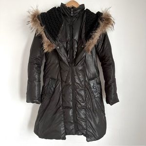 RUDSAK WINTER JACKET COAT Down Insulated Black Leather Trim Raccoon Fur Puffer S